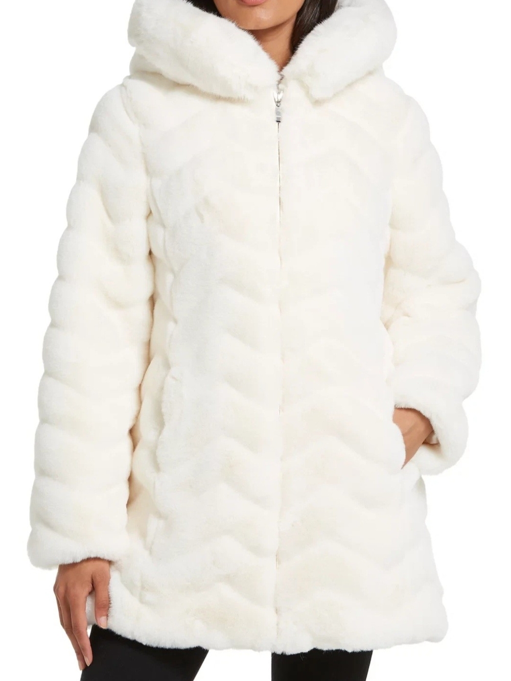 Faux Fur Hooded Coat - Cream